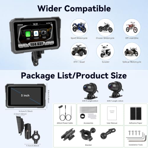 5" Motorcycle Carplay Screen with Dual Dash Cam