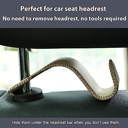 4 Pack Car Headrest Hooks Holds 55lbs Seat Storage Organizer for Bags (Leather Beige)