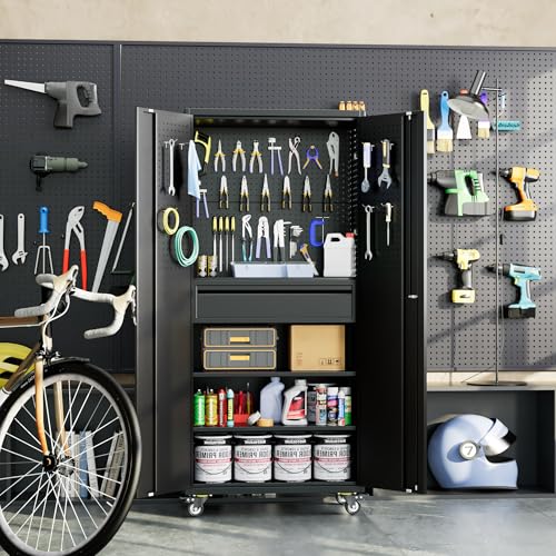 71 Inch Garage Storage Cabinet with Drawer (Black / 15"D x 30"W x 71"H)