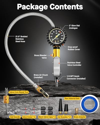 Tire Inflator with Pressure Gauge (1-100 PSI / Tire Inflator Gauge)