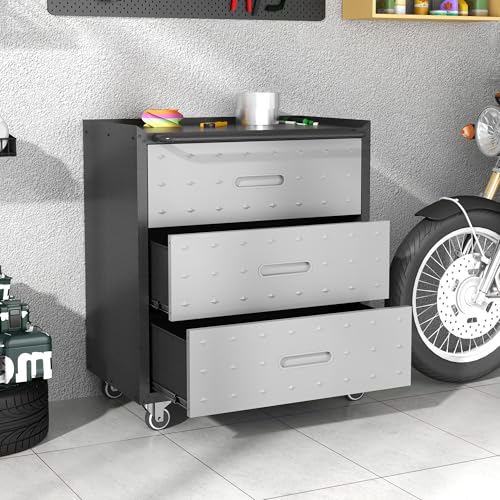 Metal Storage Cabinet for Garage (Black & Gray / M - 3 Drawers (Wheeled))