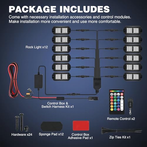 RGB LED Rock Lights Kit 12 PCS 18LED Wide Angle Wheel Well Light (12 Pods / RGB 18LED)