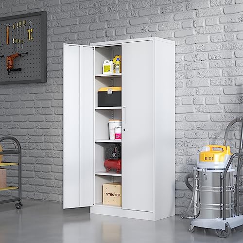 Metal Storage Cabinet for Garage (White / L - 2 Doors & 5 Shelves (Wheelless))
