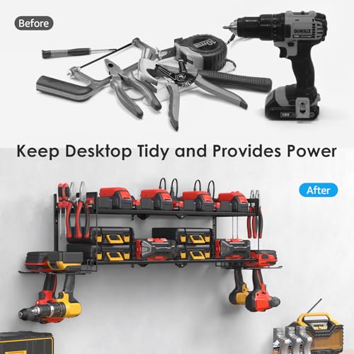 Large Garage Tools Storage with Charging Station. Power Tool Battery Organizer Utility Shelf with Power Strip. 4 Drills Holder Wall Mount Rack (Large / 2 Layer)