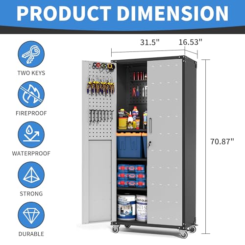Metal Storage Cabinet for Garage (Black & Gray / L - 2 Doors & Pegboard (Wheeled))