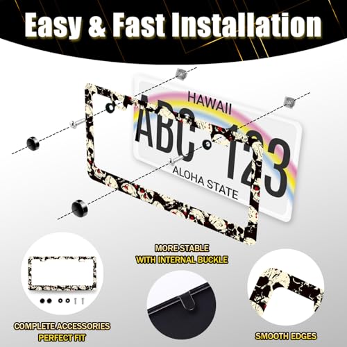 Stainless Steel Gothic Skull Skeleton License Plate Frame 12.2 x 6.2 Inch (Colorful Skull Print)