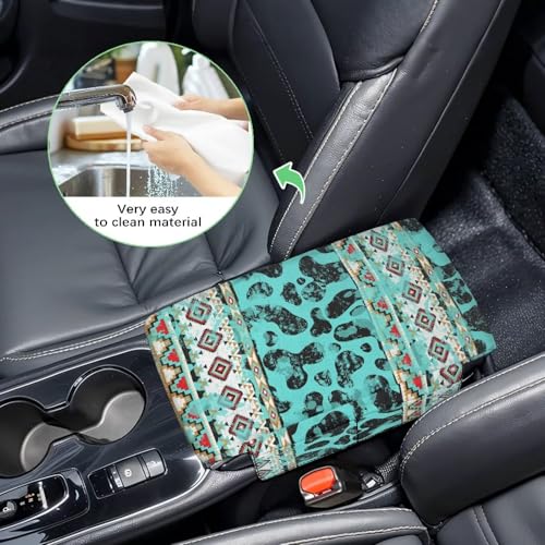 Aztec Cow Print Teal Auto Center Console Armrest Cover Arm Rest Seat Box Protective Cover with Side Storage Pockets Comfortable Middle Console Pad for Car Side Storage Box (Aztec Cow Print Teal)