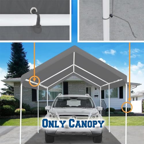10' x 20' Upgraded Carport Replacement Canopy Cover Grey for Car Garage Shelter Party Tent Top Tarp with Ball Bungees (10' x 20' / Gray)