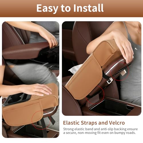 5-in-1 Car Armrest Cushion, Multifunctional PVC Leather Center Console Armrest Pillow Elbow, Universal Arm Box Pad Cover with Cup Holder, Phone Slot, Tissue Box Slot & 2 Storage Bags, Grey (Gray)