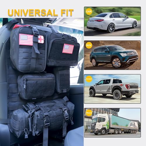 Universal Tactical Seat Back Organizer Vehicle Molle Panel Organizer Storage Bag with 5 Detachable Molle Pouch for All Vehicel Such as Jeep (Upgraded-D-Black)