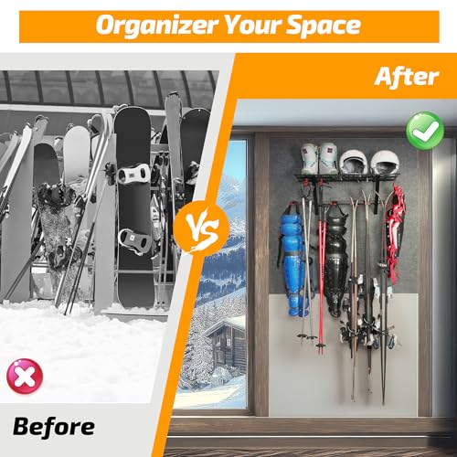 Wall Mounted Ski and Snowboard Storage Rack (Black, 1-Pack)