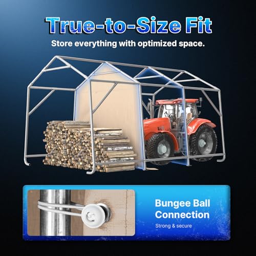 10X15 ft Garage Shelter Steel Metal Peak Roof Portable Storage Shed Carports for Motorcycle Boat (Beige / 10'x15')