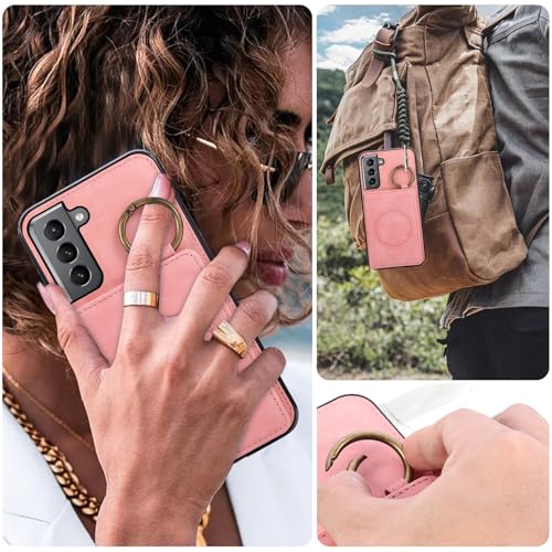 Compatible with Samsung Galaxy S21 5G 6.2 inch Wallet Case and Screen Protector Crossbody Shoulder Strap Ring Buckle Stand Card Holder Magnetic Car Mount Phone Cover for S 21 21S G5 Women Men Pink (Rose Gold / for S21)