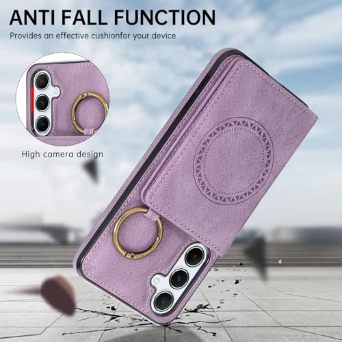 Compatible with Samsung Galaxy S24 FE 5G Wallet Case Screen Protector Crossbody Shoulder Strap Ring Buckle Stand Card Holder Magnetic Car Mount Phone Cover for S 24 EF AI S24FE 24S Women Men Purple (Purple / for S24 FE)