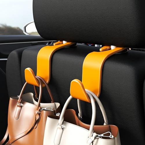 4 Pack Car Headrest Hooks Holds 55lbs Seat Storage Organizer for Bags (Yellow)