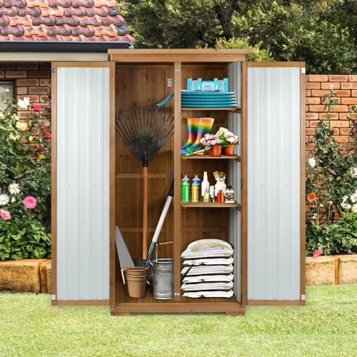 Outdoor Storage Cabinet Wood & Metal with Waterproof Roof (15.6"D x 32.3"W x 66"H)