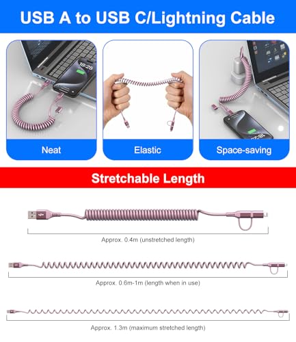 USB to USB C and Lightning Pink Car Charger Cable (Pink)