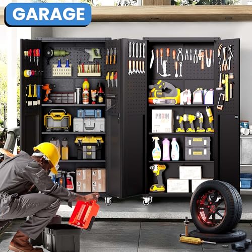 Metal Storage Cabinet for Garage (Black / L - 2 Doors & Pegboard (Wheeled))
