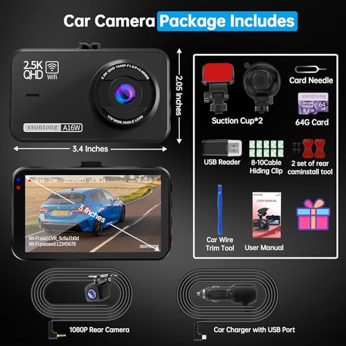 Dash Cam Front and Rear (64GB-A16W Dash Cam Front and Rear 2.5K WiFi)