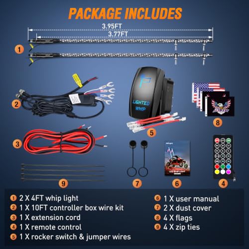 2PCS 4FT RGB LED Whip Lights APP & Remote Control (RGB-Quick Connect Base / 4FT -2PCS)