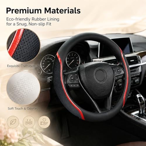 Steering Wheel Cover Black and Red Leather Universal 14.5 (Medium / Red)