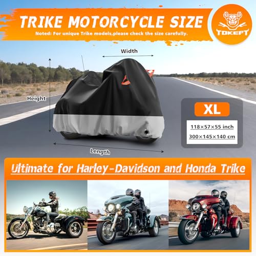 Trike Cover Waterproof Outdoor Heavy Duty 3 Wheel Motorcycle Cover (Black&Grey)