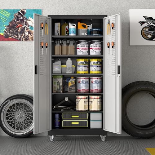 Garage Storage Cabinet with Pegboard (Black&silver / 18"D x 34"W x 71"H)