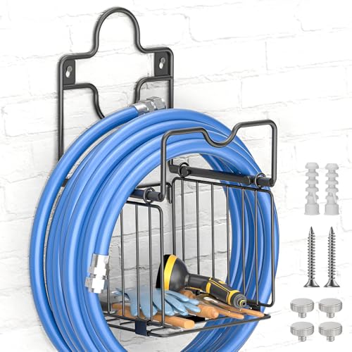 Garden Hose Holders for Outside Metal Water Hose Holder Wall Mount Hose Hanger with Storage Basket Heavy Duty Waterhose Holder for Outside Hose Rack Outdoor Hose Caddy Hook for Garden Organizer Black (Black)