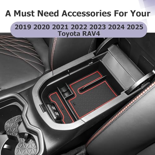 2025 RAV 4 Center Console Organizer Compatible with 2019 2020 2021 2022 2023 2024 2025 Toyota RAV 4 Accessories Armrest Console Secondary Storage Box Insert Tray ABS Material Red