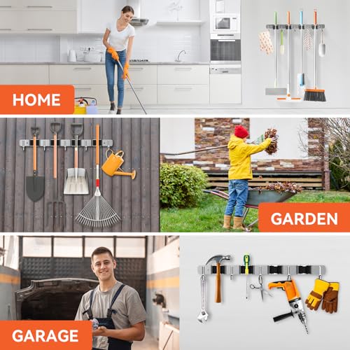 2 Pack Mop Broom Holder Wall Mount 4 Racks 5 Hooks Storage Silver (2Pack 4R5H / Silver)