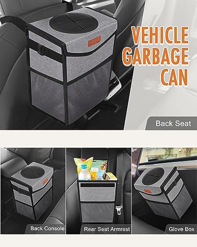 Car Trash Can with Lid Leakproof Car Garbage Bag Vehicle Trash Bin (2 Gallons / Grey)