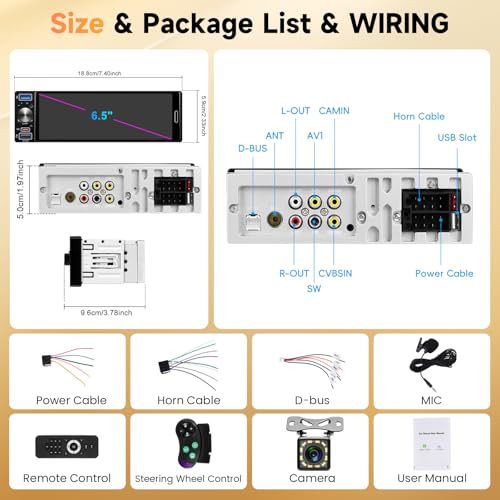 Single Din Stereo Receiver 6.5'' Touchscreen Wireless CarPlay Android Auto