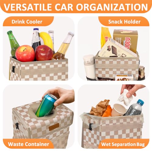 Car Trash Can with Lid Leak Proof Car Accessories for Women (2.2 Gallons / Khaki Checkered)