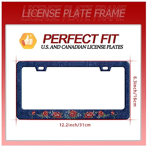 Blue Flower Jean License Plate Frame Stainless Steel Car Accessory 6.3x12.3 (Flower Blue Jean Design)