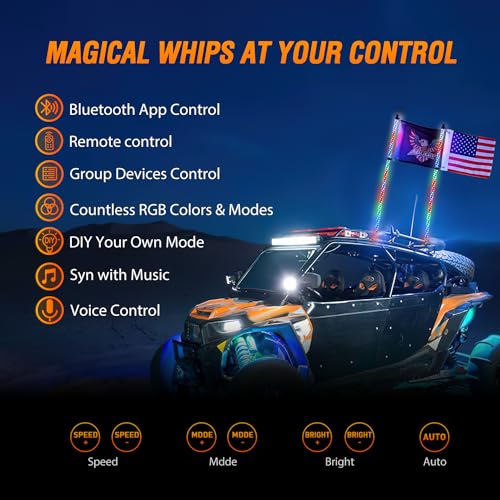 2PCS 4FT RGB LED Whip Light Remote App Control for ATV UTV Polaris (4FT -2PCS / RGB-Remote APP Control)