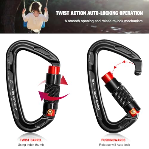 Auto Locking Carabiner Clips (2 Black+Red)