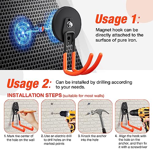 Large Strong Magnetic Hooks For Hanging Heavy Duty (3.5in Magnet-2 Pack Larger J Hooks-Orange)