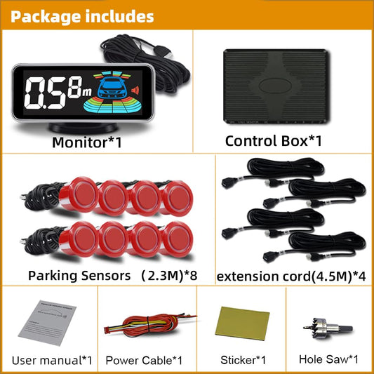 Car Parking Sensors Kit Reverse Radar parktronic System Auto Electronics Vehicle Back Assistant Reverse 8 Sensor (Red)