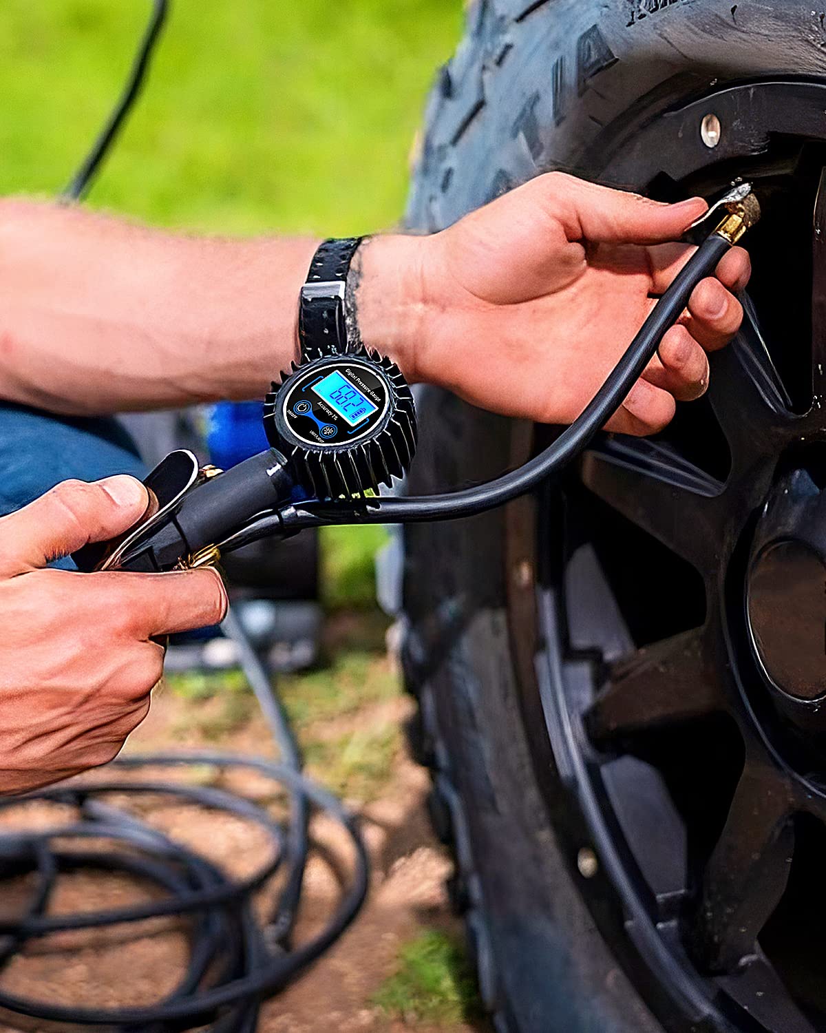 50057A Digital Tire Inflator Deflator with Pressure Gauge 250 PSI Air Chuck and Compressor Accessories with Rubber Hose and Quick Connect Coupler for 0.1 Display Resolution (Tire Inflator Gauge Style 2)