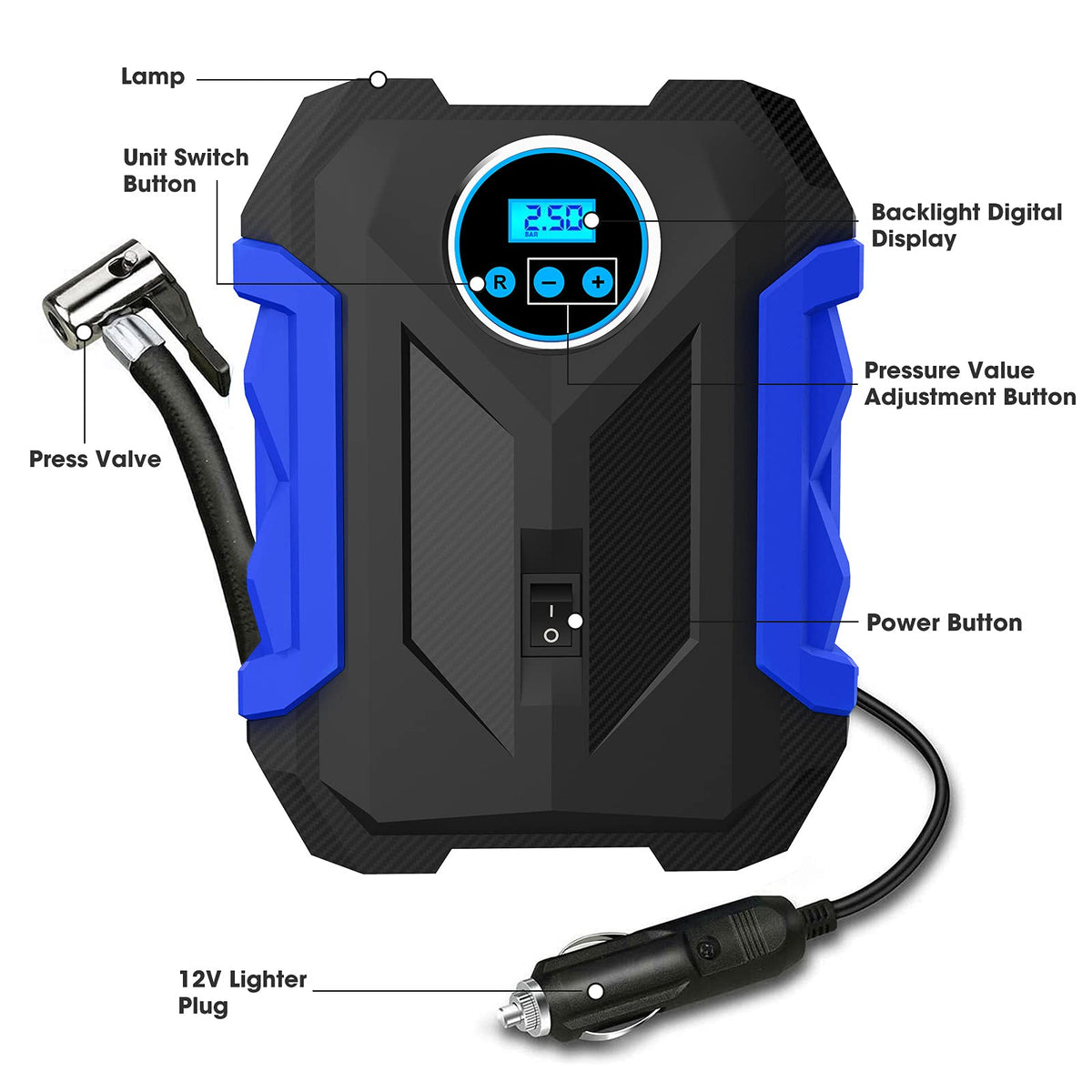 Digital Air Compressor for Car Auto Pump Portable Tire Inflator with LED Light DC 12V (Blue)
