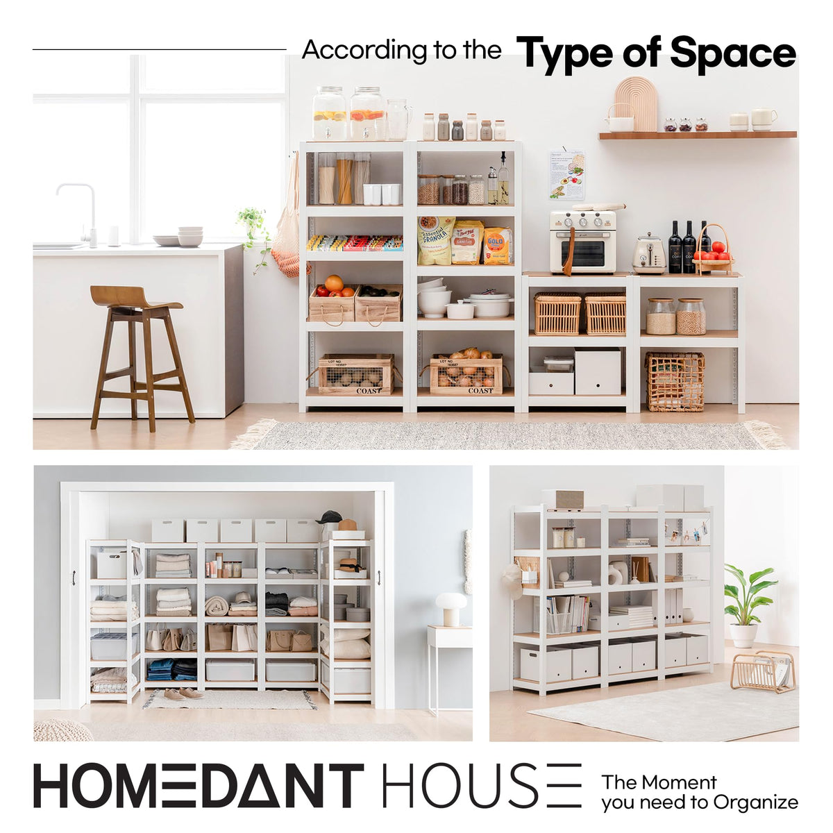 House 5 Tier 24.1" W Laminated Metal Shelving Unit Adjustable Storage Utility Rack Heavy Duty Shelves Organization Multipurpose Shelf Kitchen Garage Pantry Closet 1 Pack (White / 24.4"W x 16.5"D)