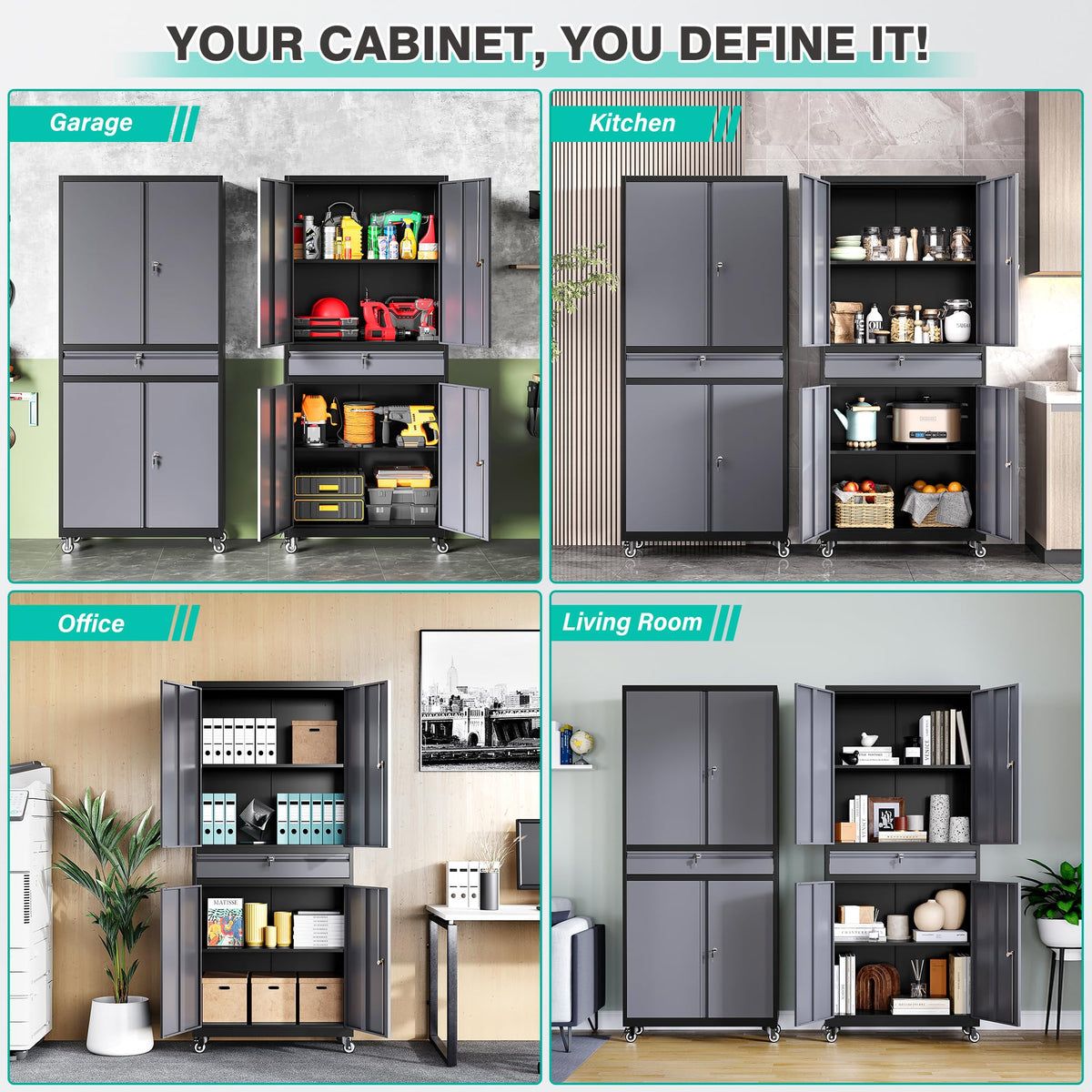 Metal Garage Storage Cabinet with Wheels and Drawer (73"H x 31.5"W x 16"D / Black Gray)