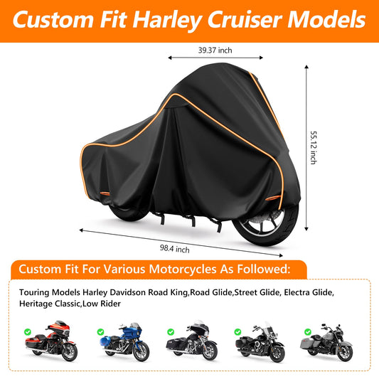 Motorcycle Cover for Harley Touring Models Road King 420D & Cotton Lining (Black / for Touring Models)