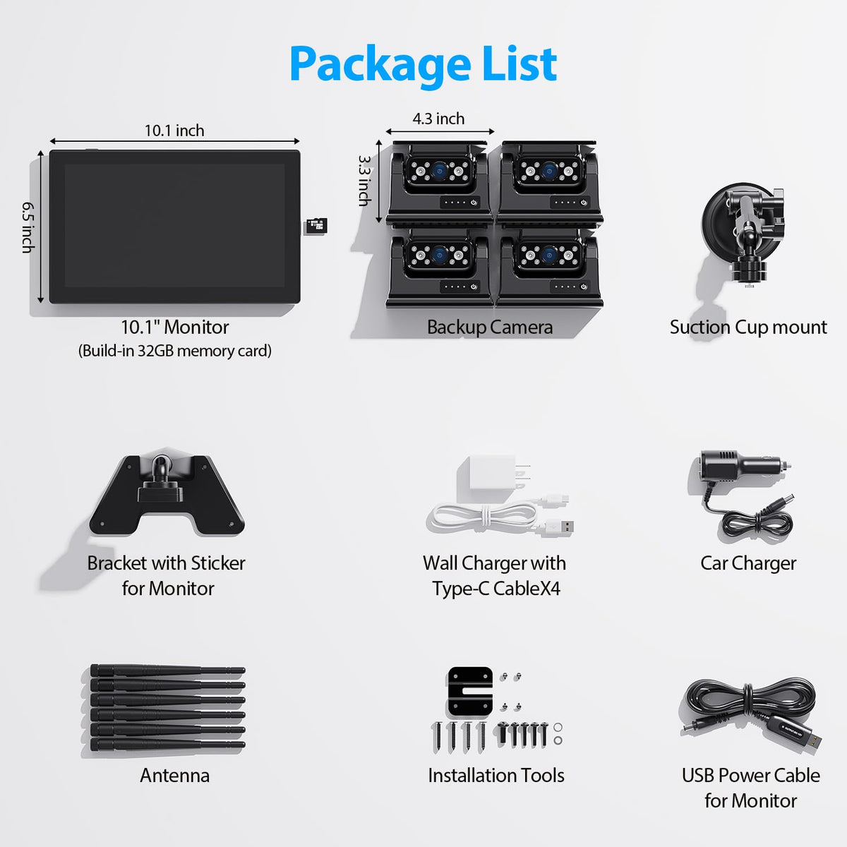 4 CAM 10.1" Touchscreen Magnetic Solar Wireless Backup Camera
