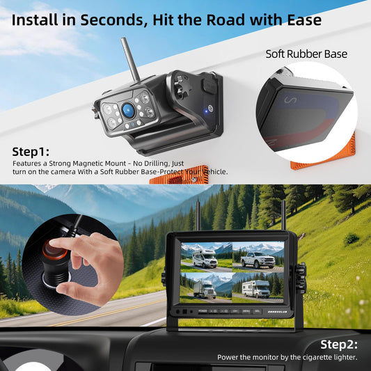 4 Camera 7" 1080P Magnetic Solar Wireless Backup Camera System (Solid Black)