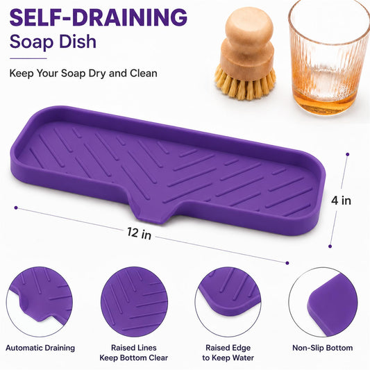 Silicone Soap Dish with Drain Spout (Purple / L(12"Γ4"))