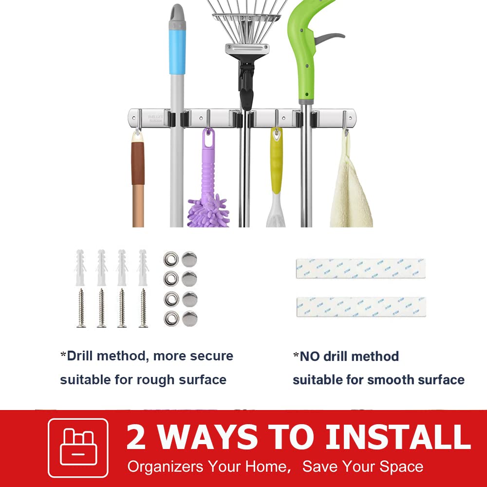 2 Pack Broom Holder Wall Mount Stainless Steel Mop Organizer (3 Racks with 4 Hooks / 2 Pack)