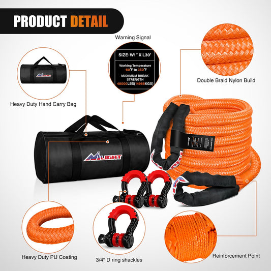 Kinetic Recovery Rope Kit with D (1Pc 1in x 30ft Kinetic Recovery Rope + 2Pcs Anti-Theft D-Ring Shackles)