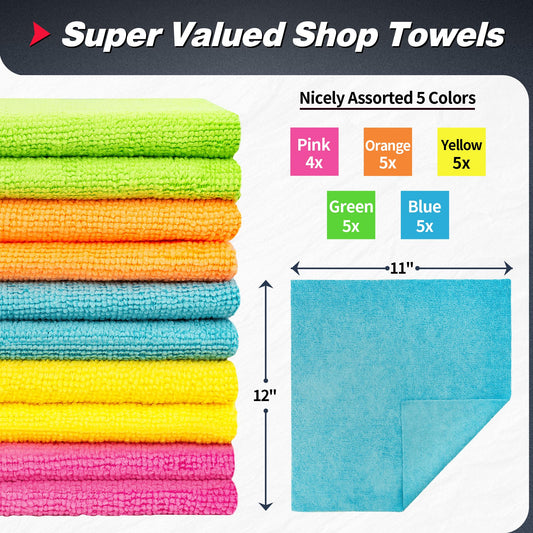 Shop Towels Microfiber Cleaning Cloth Bulk (5 Colors / 24PK)