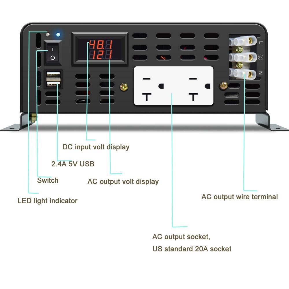 3000W Pure Sine Wave Power Inverter 48VDC to 120VAC 6000W Peak Dual AC Outlets 2× 2.4A USB Port &Hardwire Terminal Off (3000W48V)